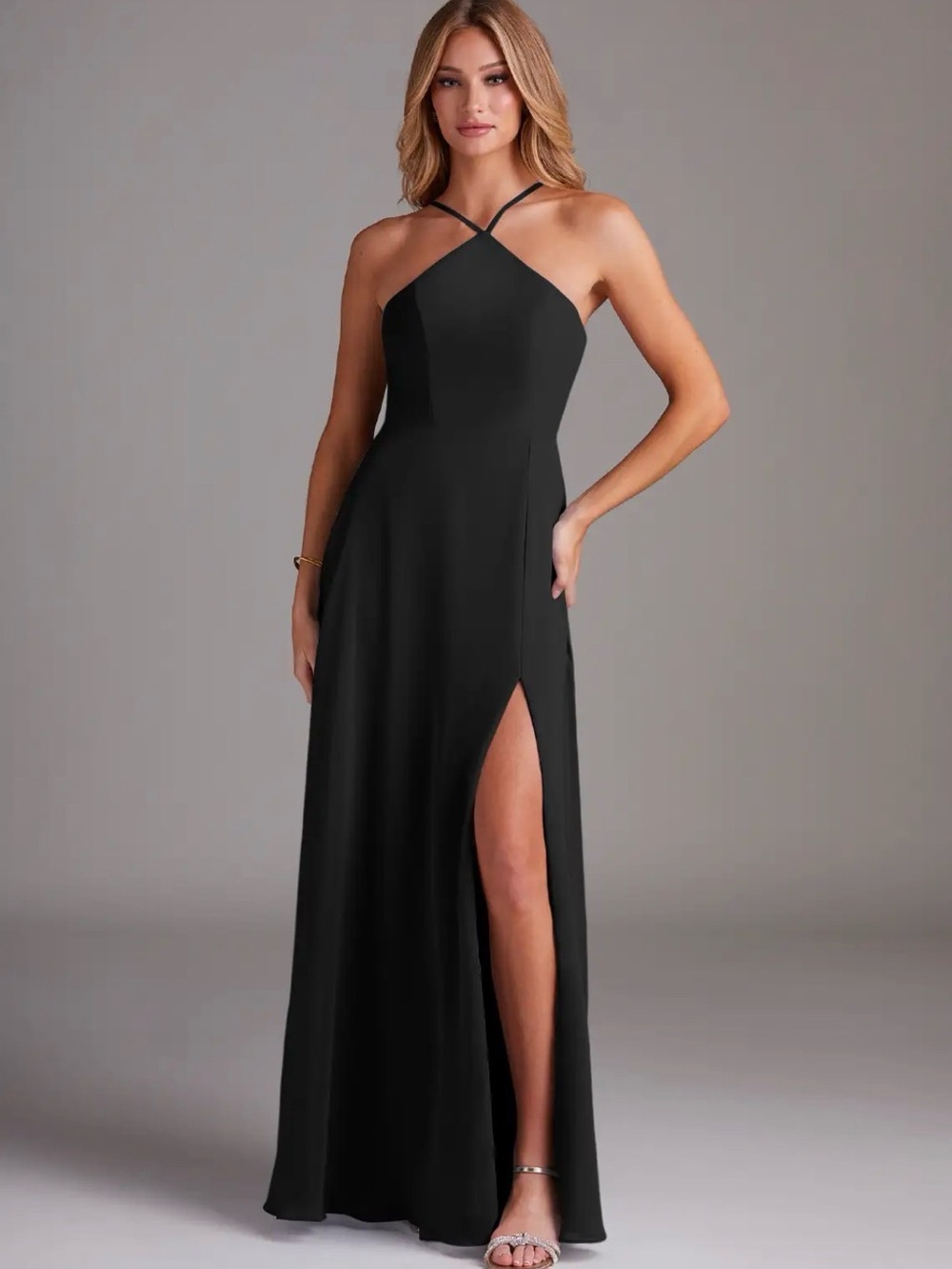 NWT Azazie Bailey Black Crisscross Halter Maxi Gown with High Slit